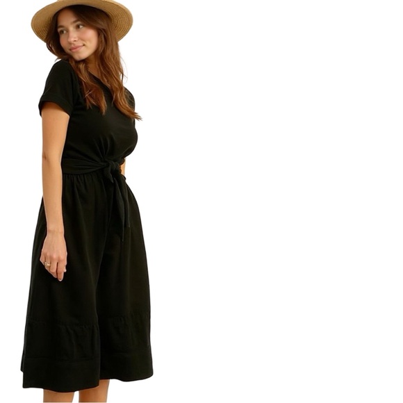Dresses & Skirts - Black Jersey Knit Midi Dress w/ Waist Tie – Comfy & Versatile Wardrobe Essential